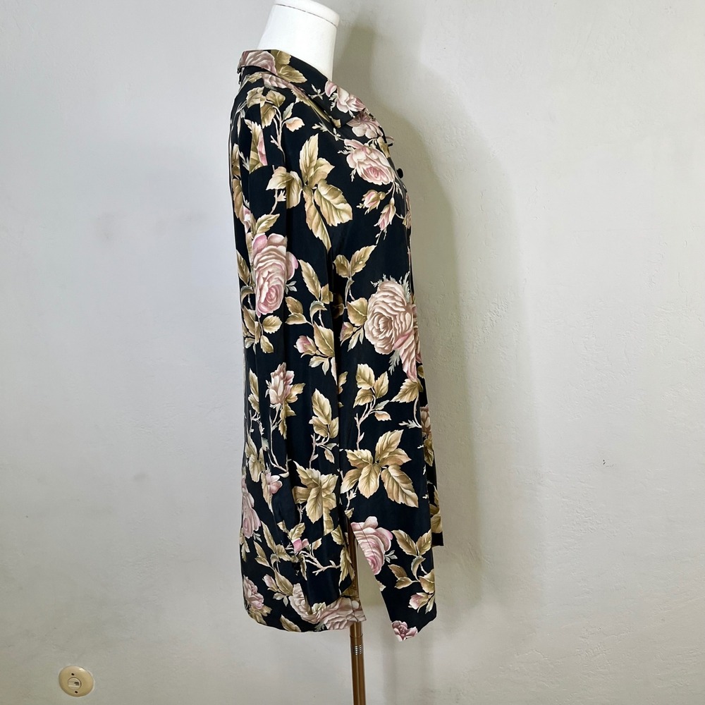 Dana Buchman 100% Silk Floral Tunic Size 6 Black Pink Long Sleeve Collar Vintage - Picture 6 of 10